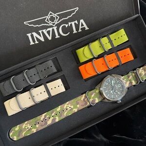 Invicta Watch with Black, Tan, Orange, Green, and Camouflage Straps